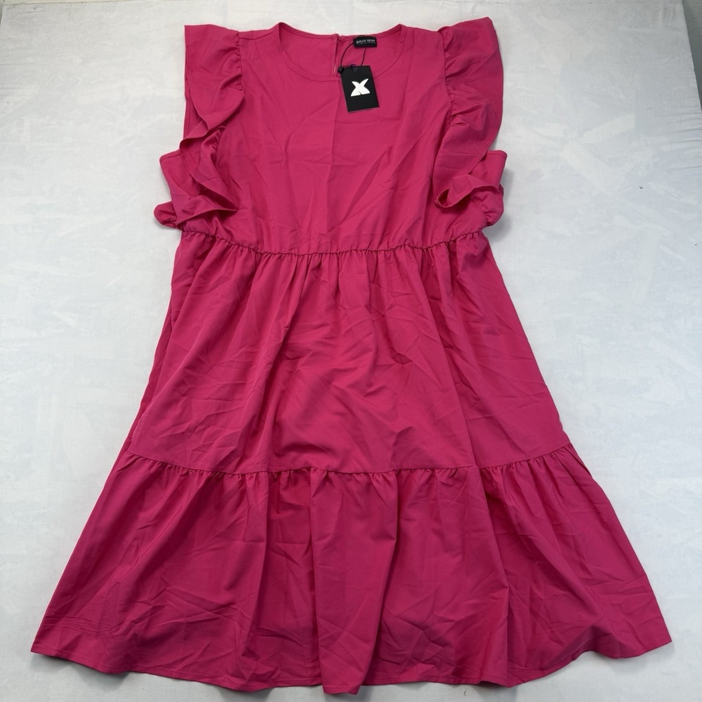 Pluswear NWT Women's 2XL Hot Pink Ruffle Sleeve Tiered Midi Dress Polyester